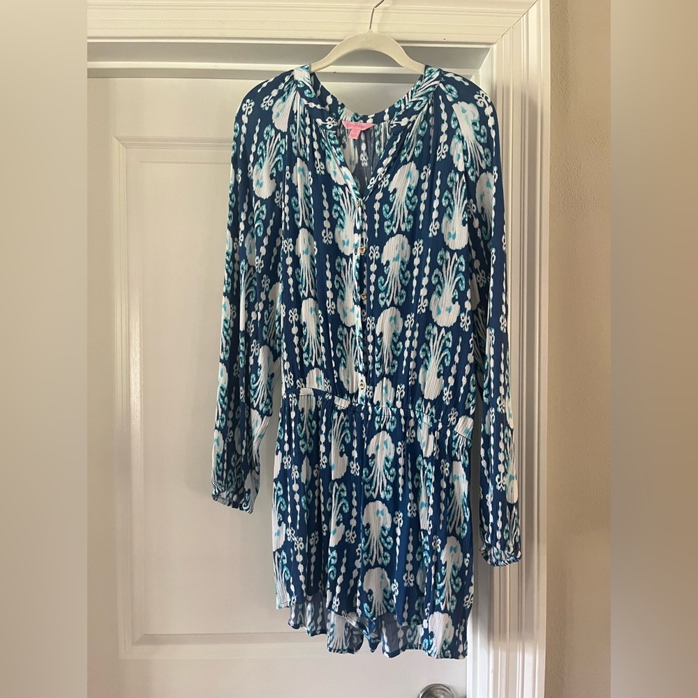 Lilly Pulitzer | Elsa Indigo Get In Line Romper Long Sleeve Blue
